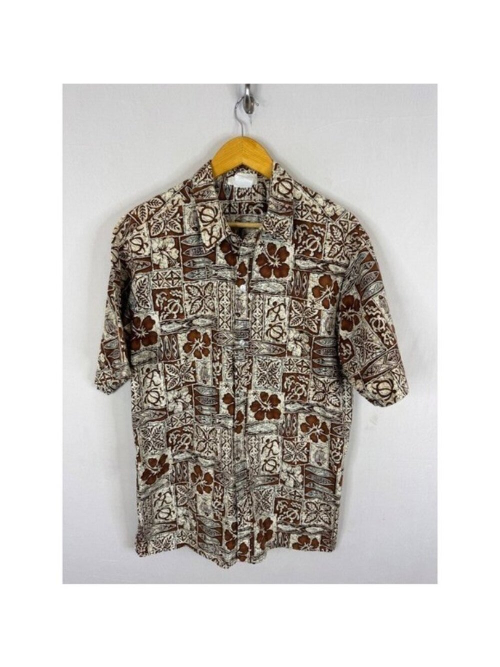 Malihini Hawaii Mens XL Vintage Aloha Shirt Brown Hibiscus Surfboard Cotton